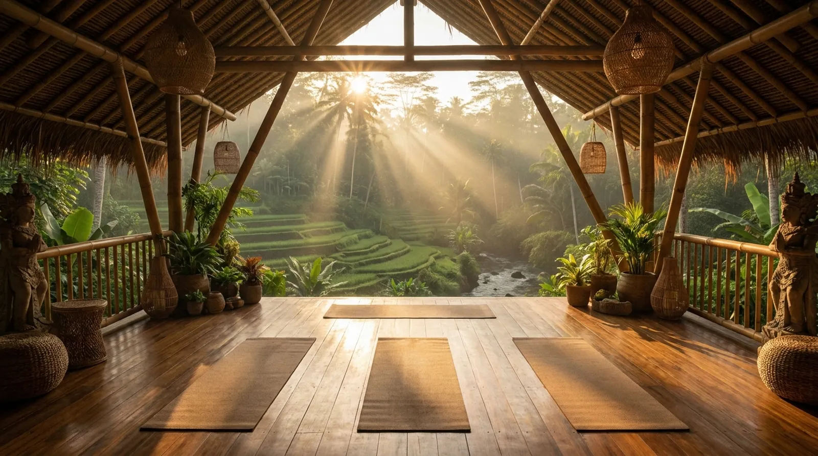 Open bamboo yoga shala surrounded by jungle in Bali