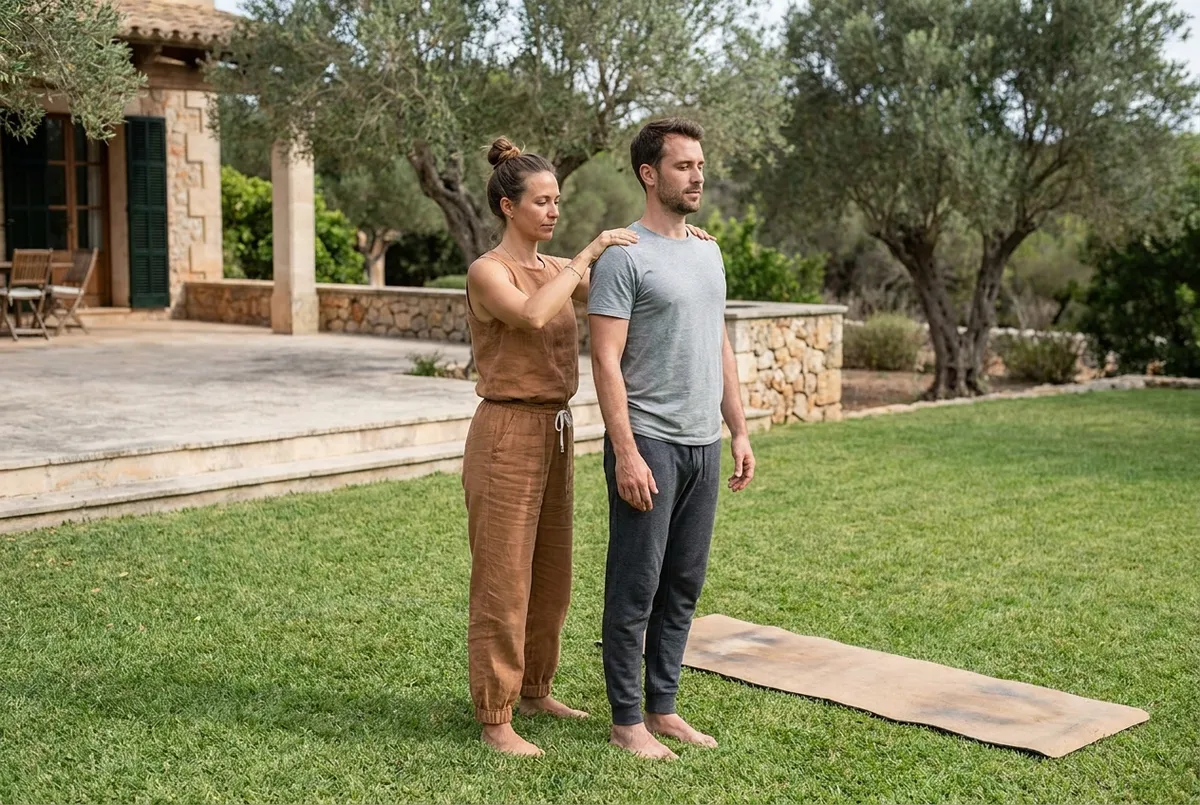 Teacher guiding a beginner through foundational yoga poses at a Bali villa