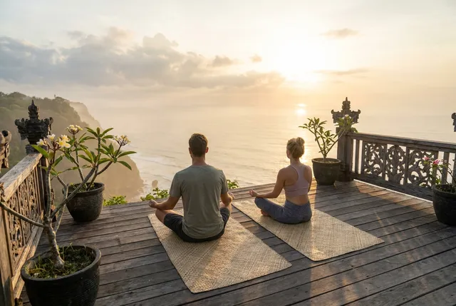 Couple practising partner yoga together at a private villa in Bali