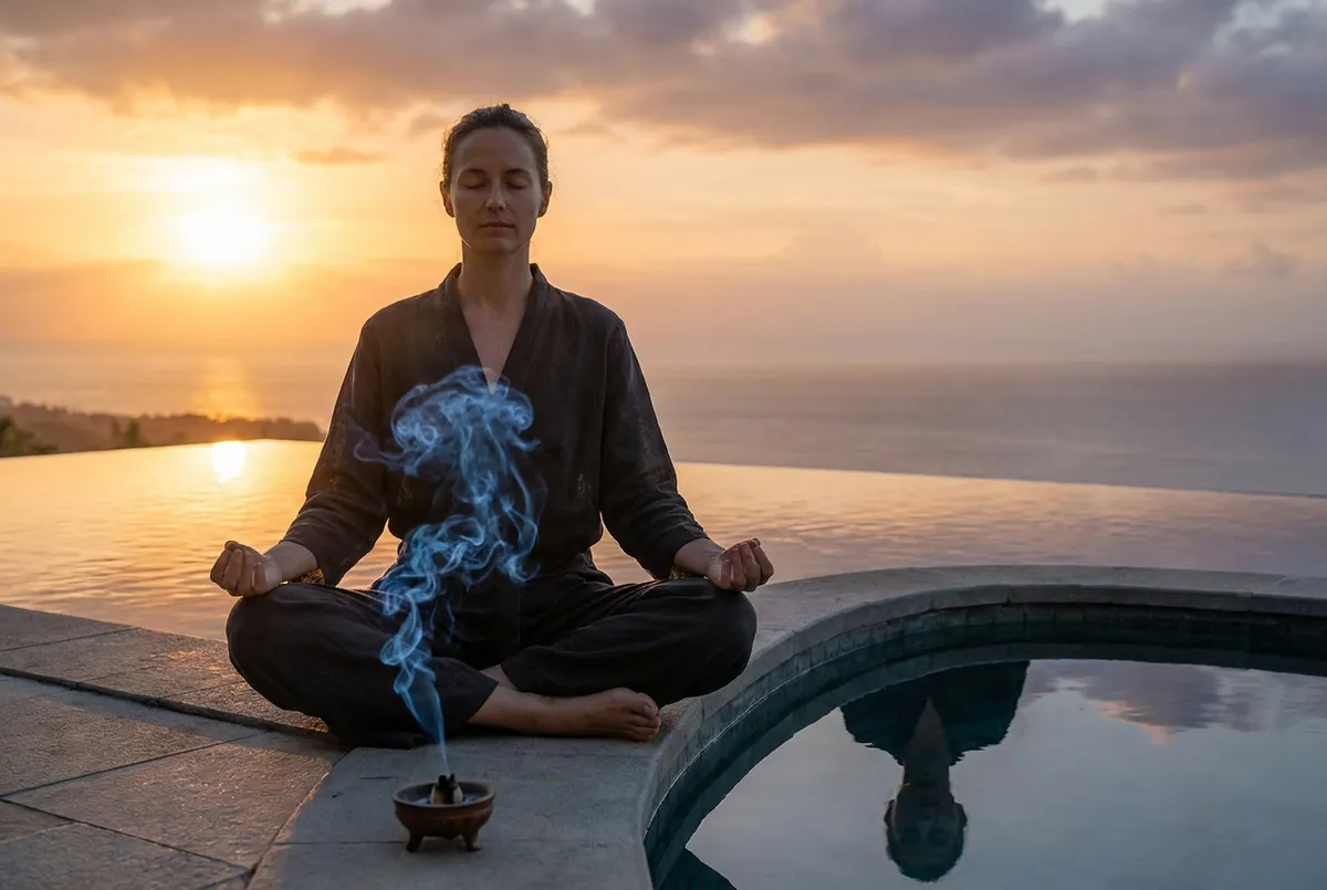 Guided meditation and breathwork session at a peaceful Bali villa