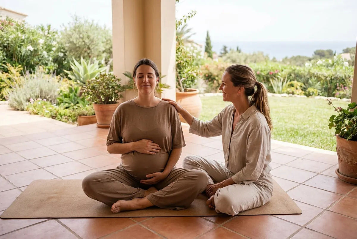 Pregnant woman in a gentle supported prenatal yoga pose with a teacher in Bali