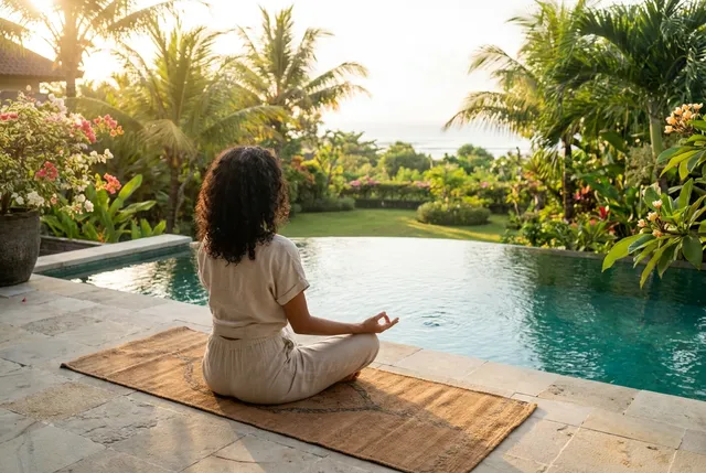 Private yoga teacher giving a one-on-one class at a Bali villa poolside