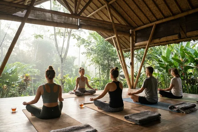 Group yoga session at a private retreat event in Bali