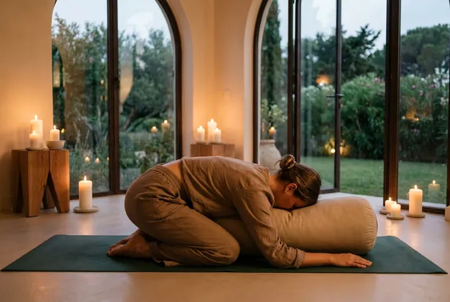 Relaxing yin restorative yoga pose with props at a villa in Bali